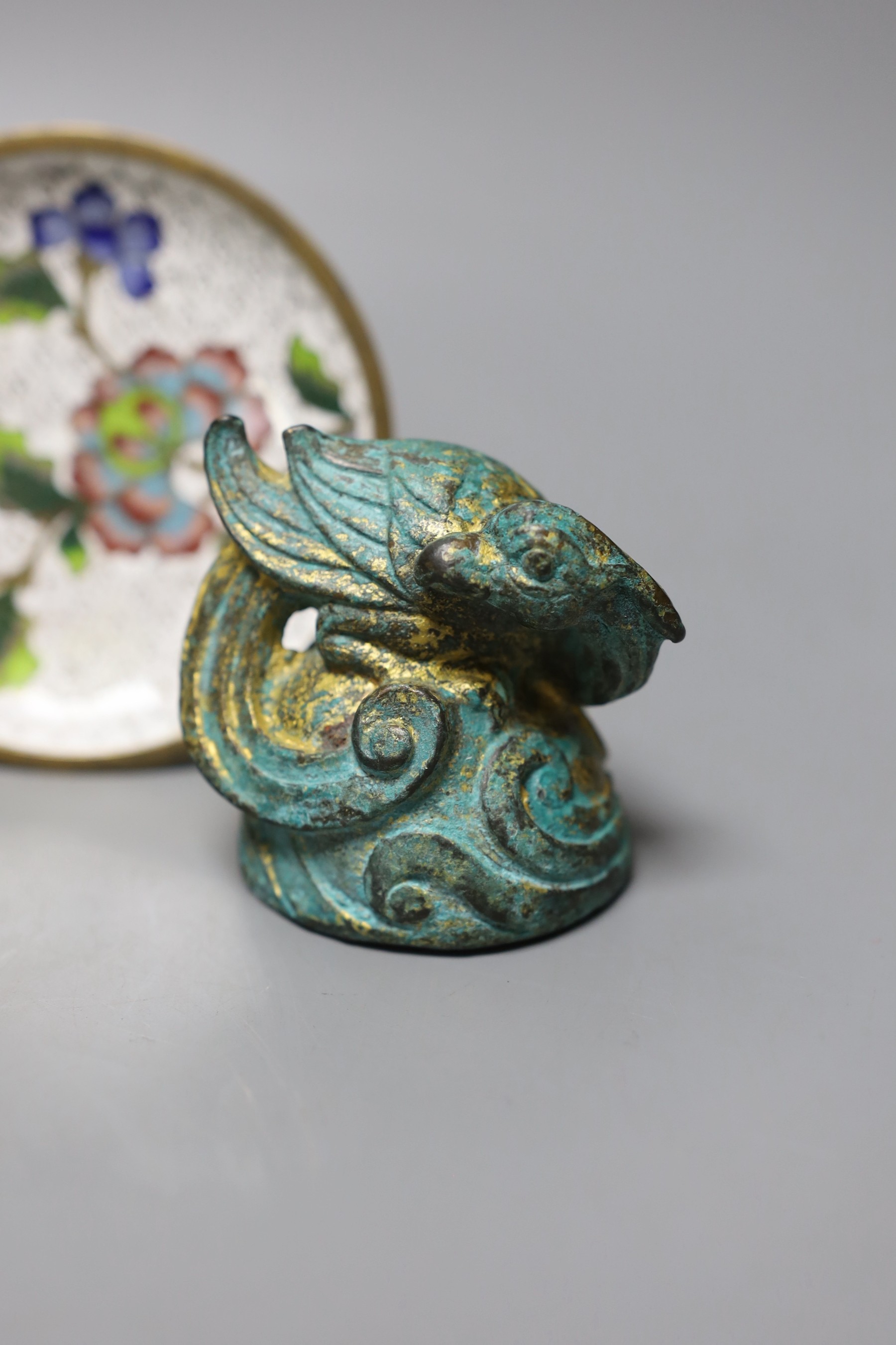 A Chinese bronze phoenix, a bronze plaque and Chinese cloisonne wares (8)